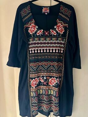 Johnny Was Frederique Embroidered Panel Knit Tunic Dress Black Size L